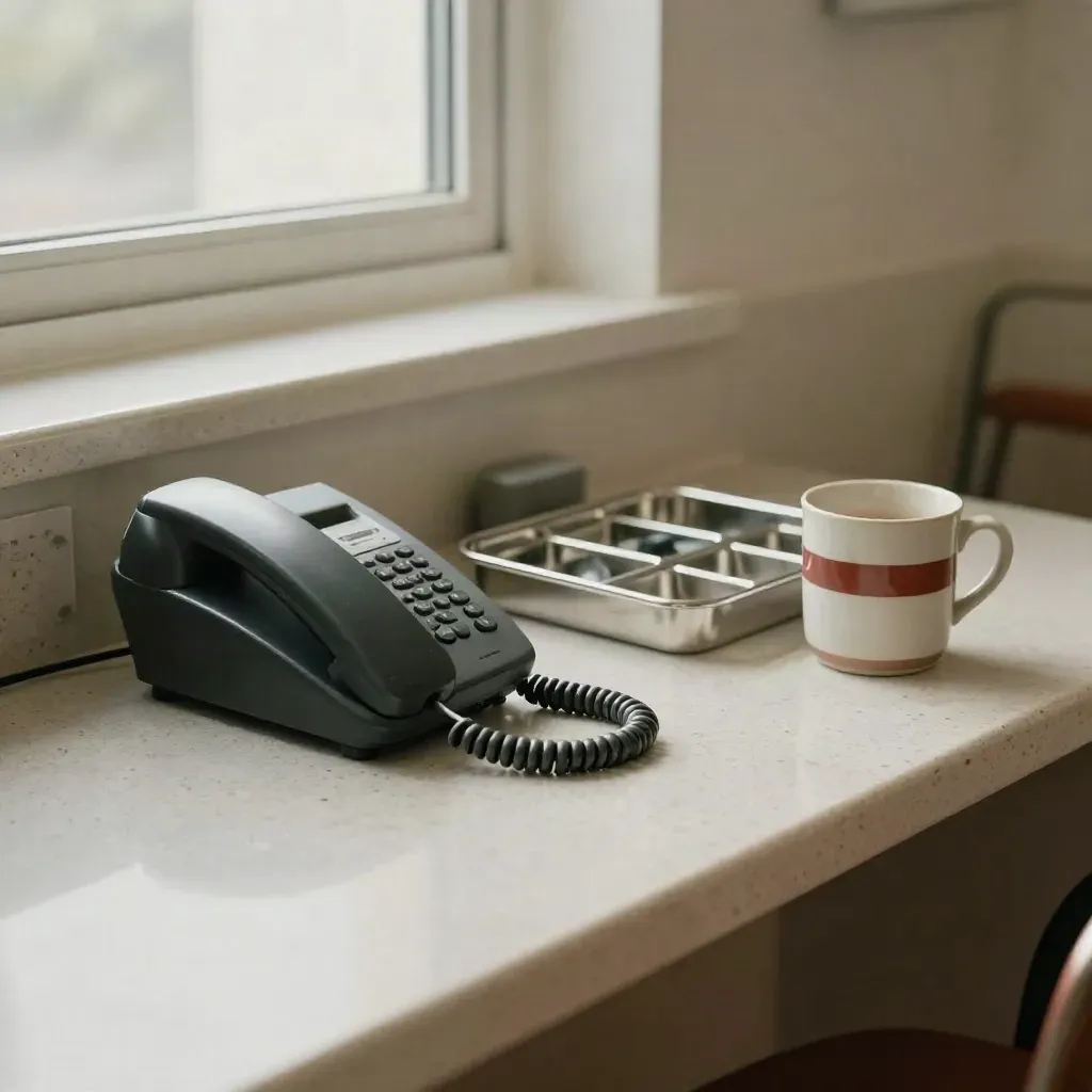 Corded desk phone and medicine tray beside a mug on a clinic counter after a call.