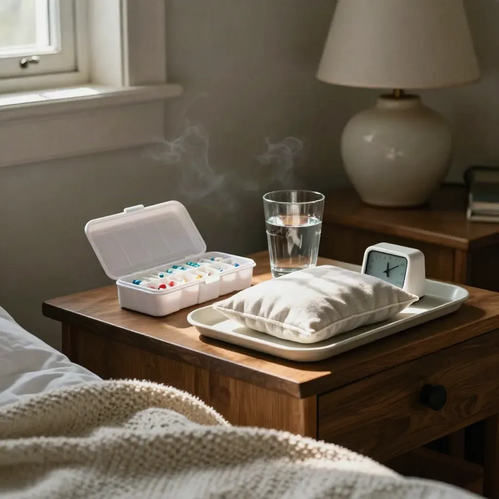 Bedside recovery tray with pill organizer, ice pack, timer, water glass and knit blanket