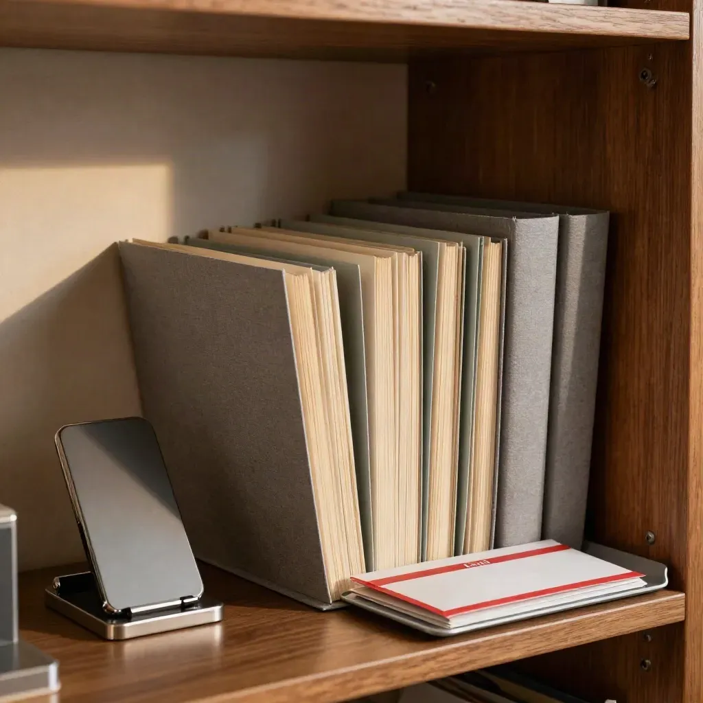 Clinic dispatch shelf with specialty folders, phone dock and sealed referral tray in warm afternoon light