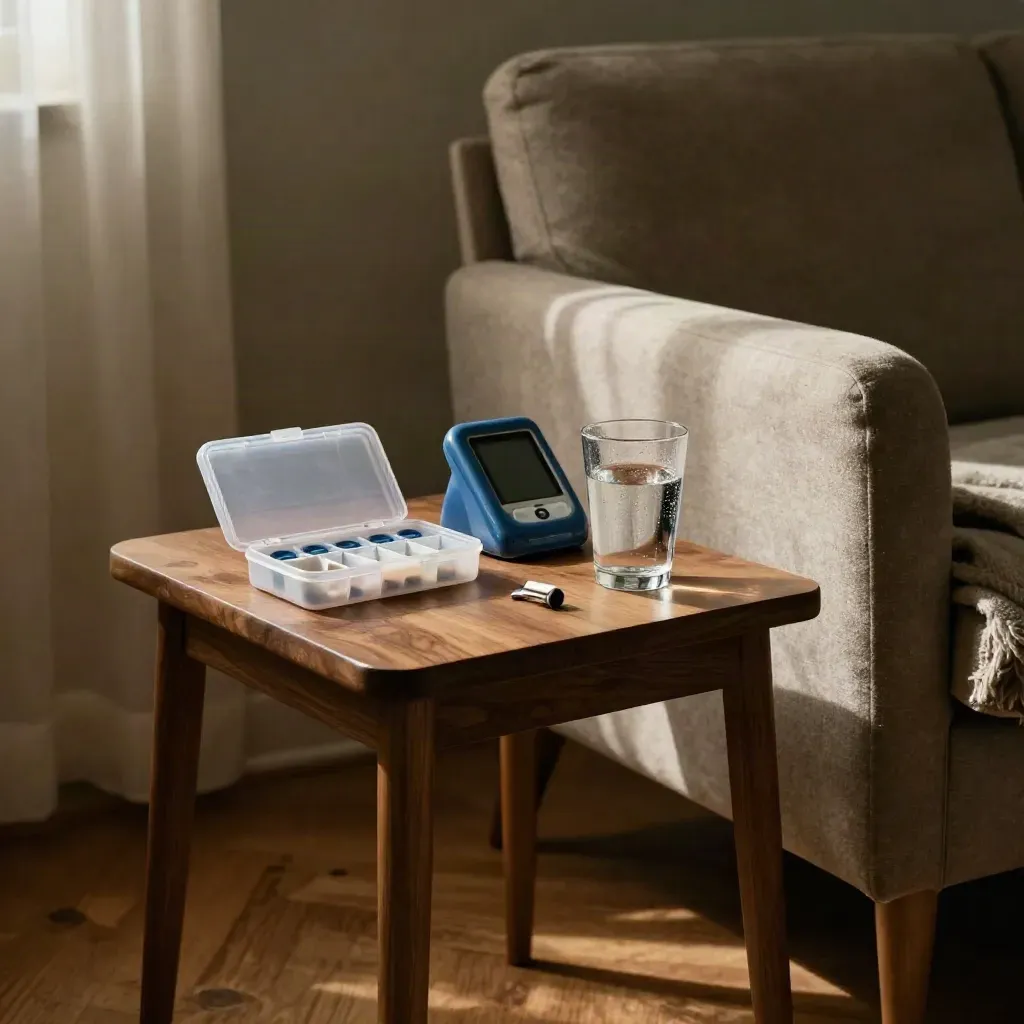 Side table care station with pill sorter, hearing-aid case, phone cradle, and water glass by an armchair.