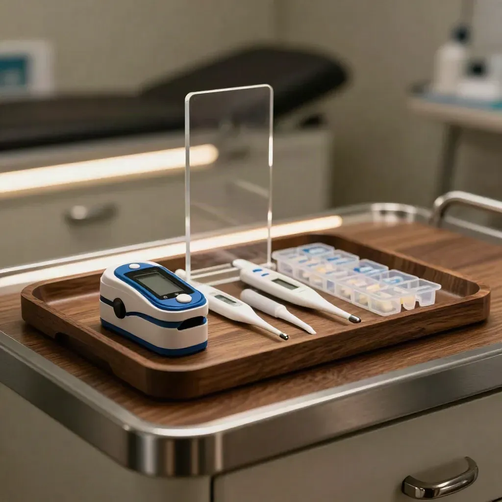 Clinical tools on a dark walnut surface, rim lit with soft haze.