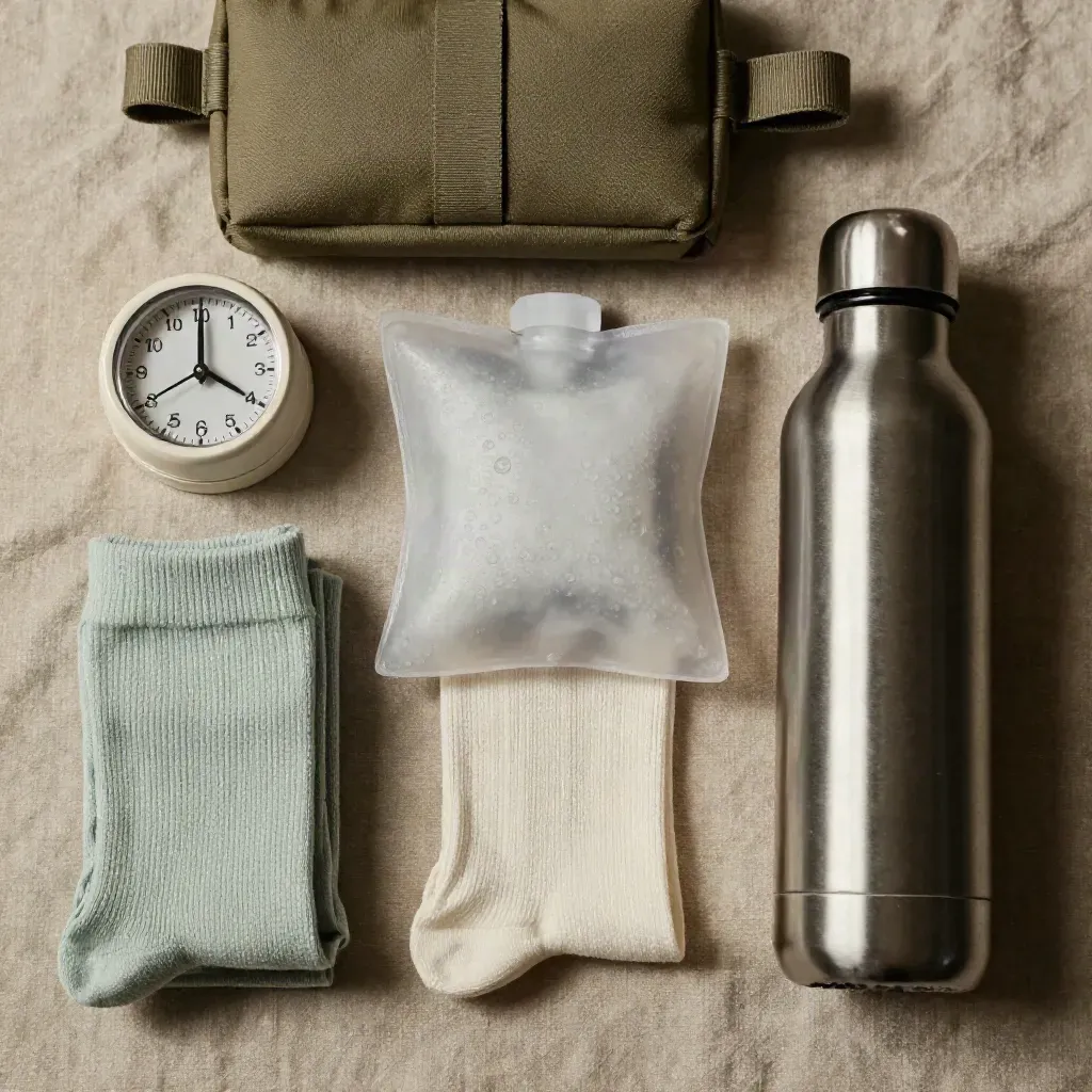 Overhead recovery-planning still life with timer, ice pack, bottle, socks and organizer on linen.