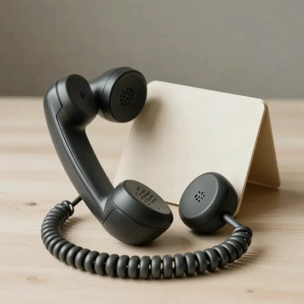 Desk handset, intake sleeve and stone token on pale wood, soft side light, healthcare still life