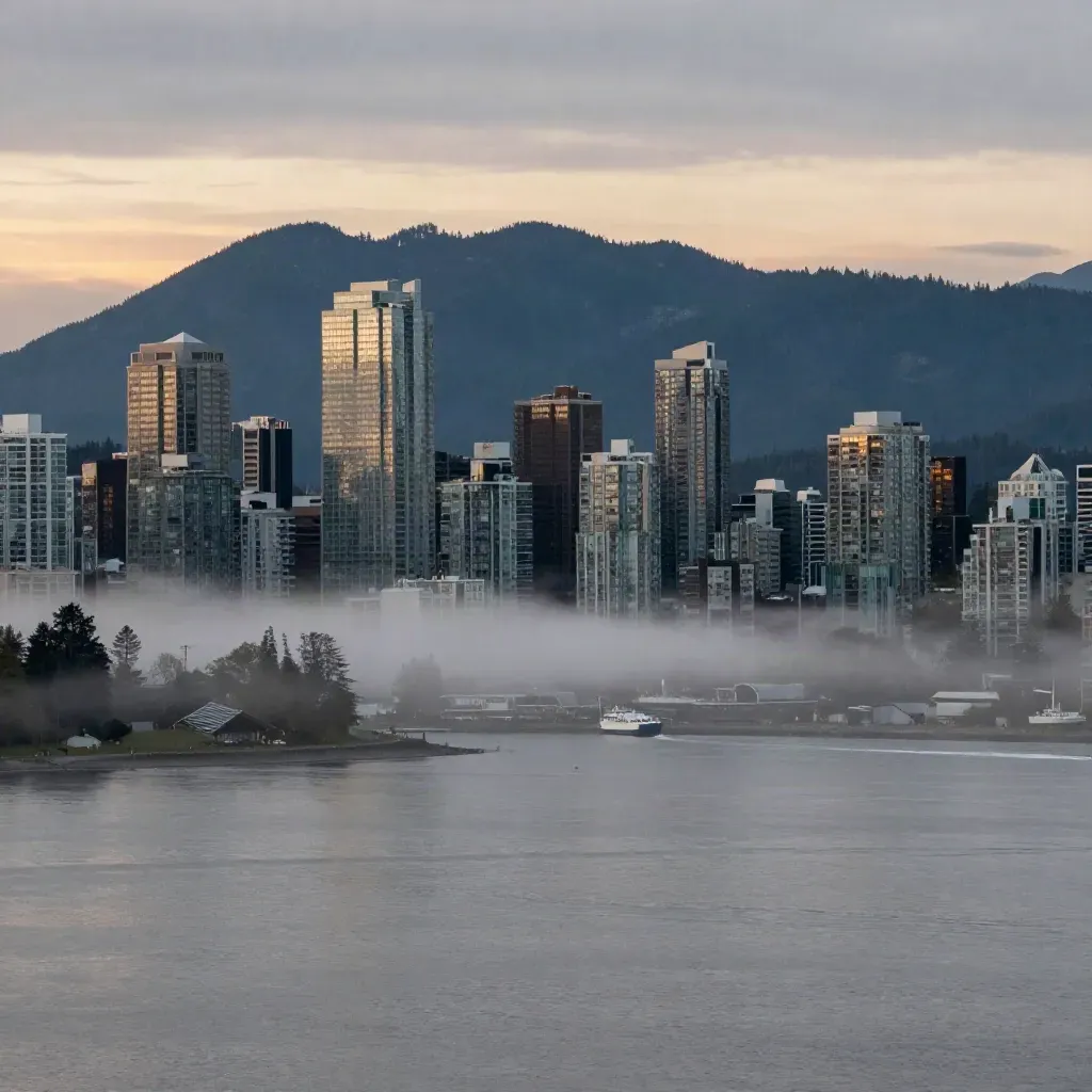 Vancouver skyline and mountains above a misty harbor at blue hour