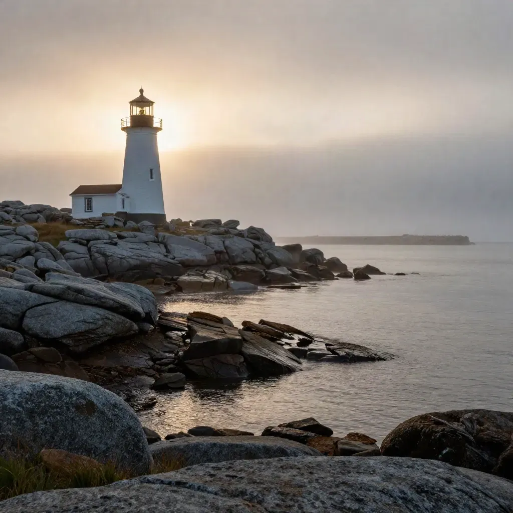 Fog-softened Atlantic shoreline with a white lighthouse above a quiet harbor.
