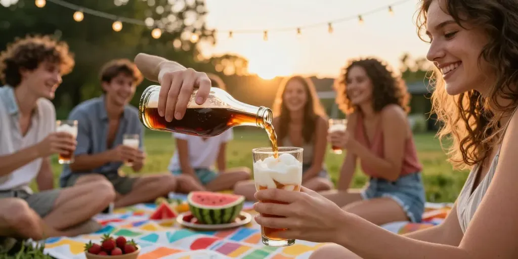 Refreshing root beer floats served in clear glasses during a joyful summer gathering.